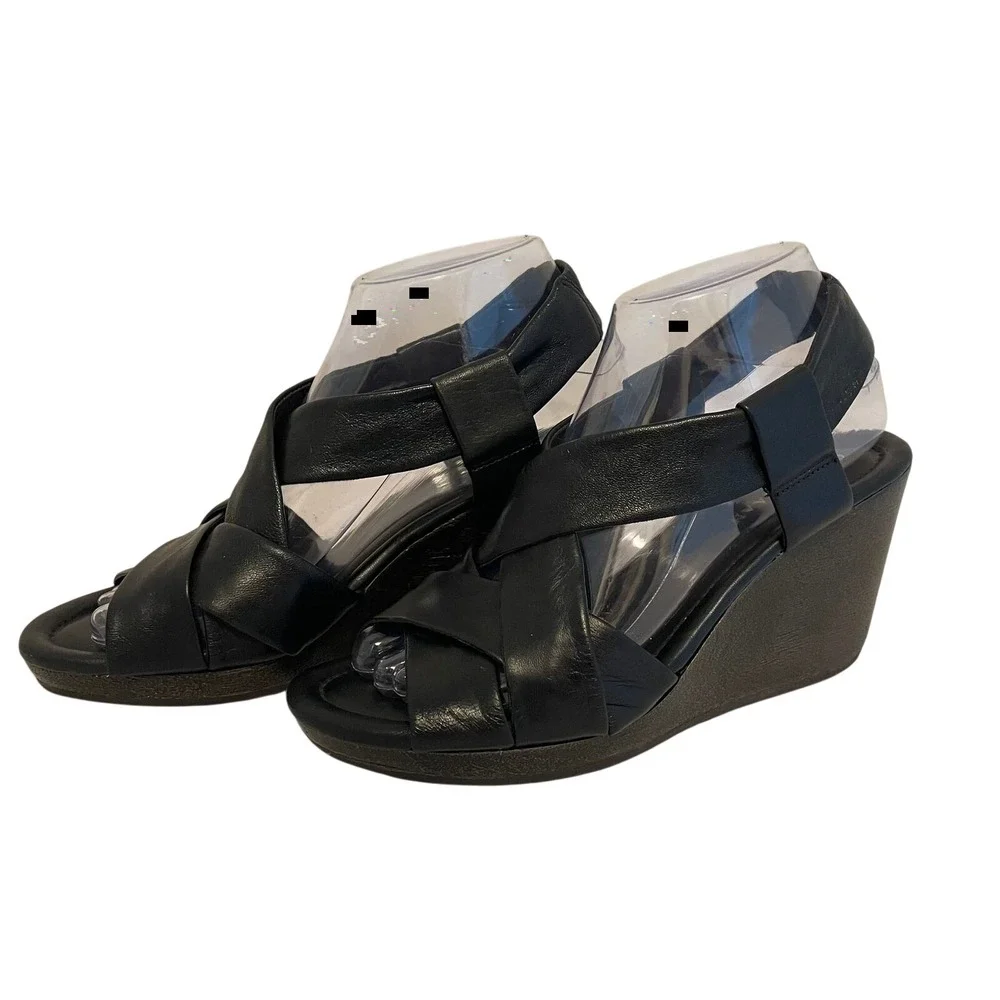 Cole‎ Haan Women's Black Leather Strappy Wedge Heels Sling Back 7.5